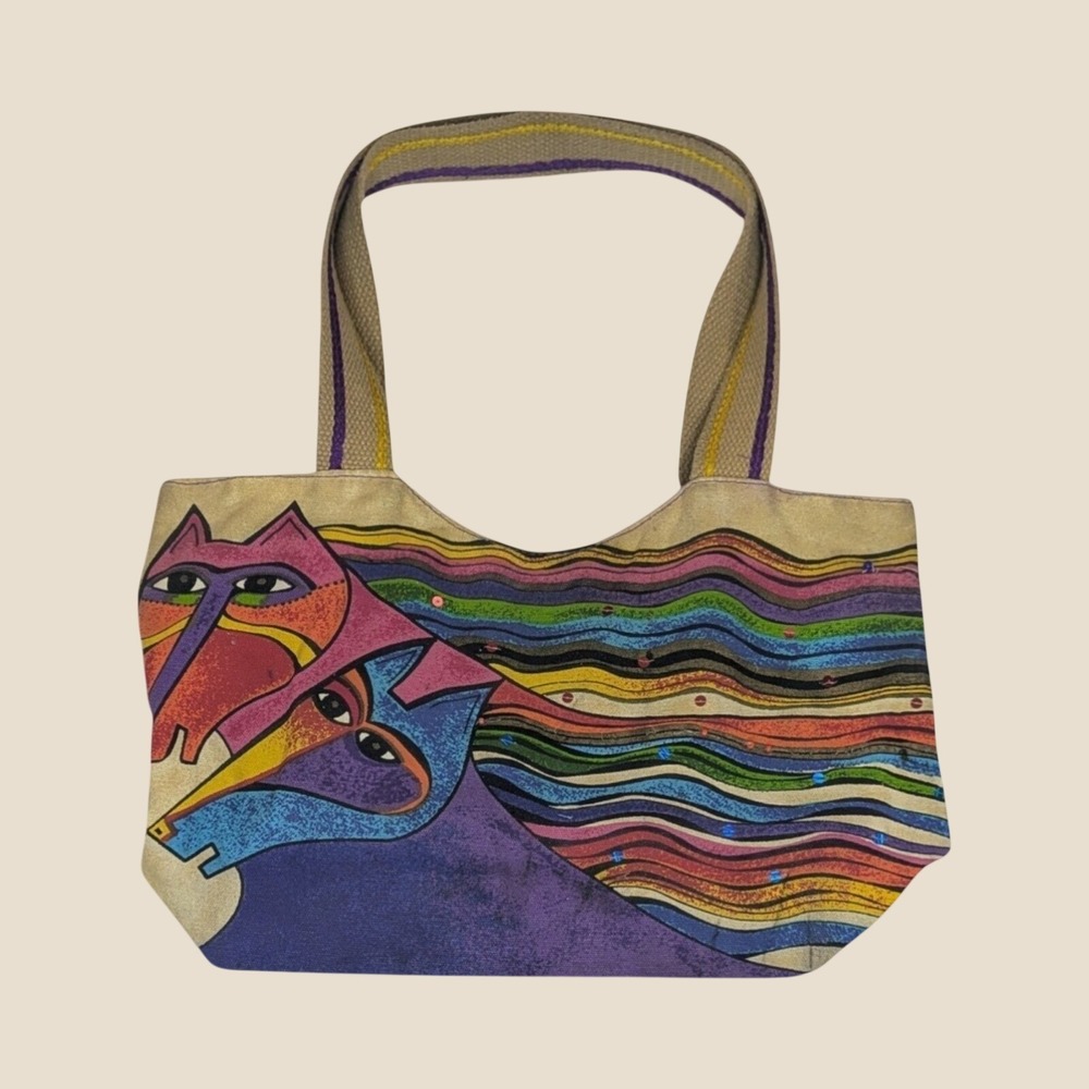Laurel Burch Vintage Sun N Sand Horse Tote Bag Purple Whimsical Folk Art AS IS